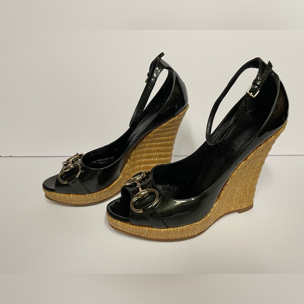 Gucci patent leather ankle strap Black Wedge Sandals pumps heels 6.5 B - Picture 3 of 10